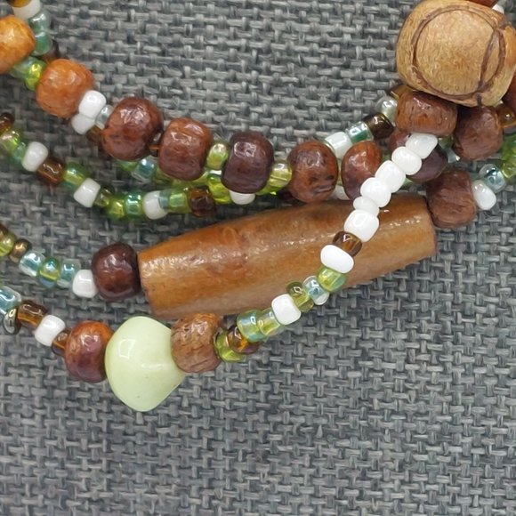 Multi Strand Necklace Colorful Green Brown Wood Glass Plastic Beaded Beads Boho - Picture 7 of 9